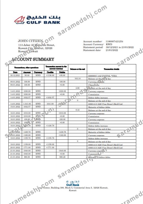 Kuwait Gulf Bank statement template in Word and PDF format